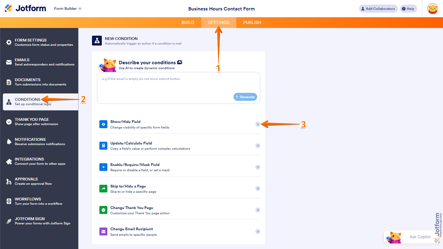 Form Builder Settings Conditions tab showing Show Hide Field option in Jotform
