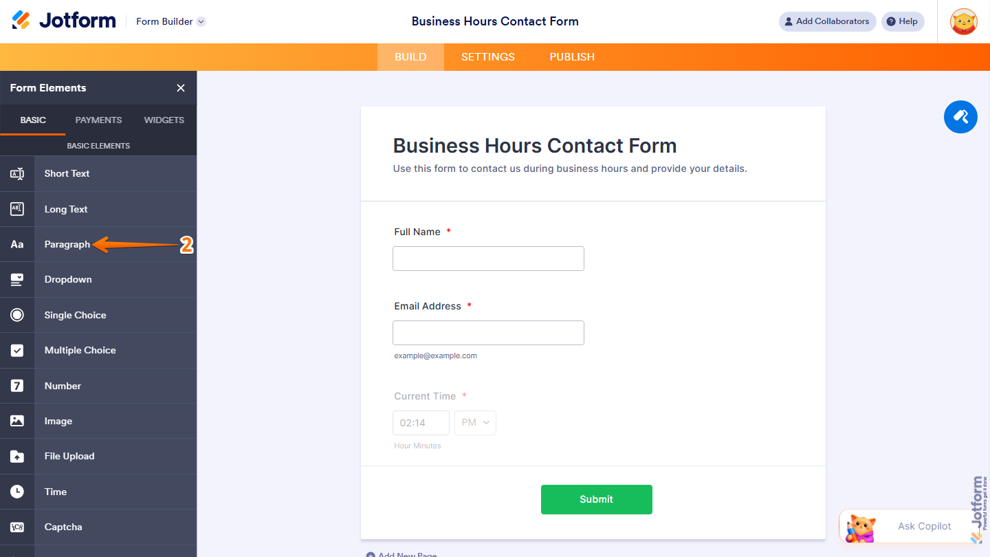 Form Elements Basic tab showing Paragraph field selection in Jotform