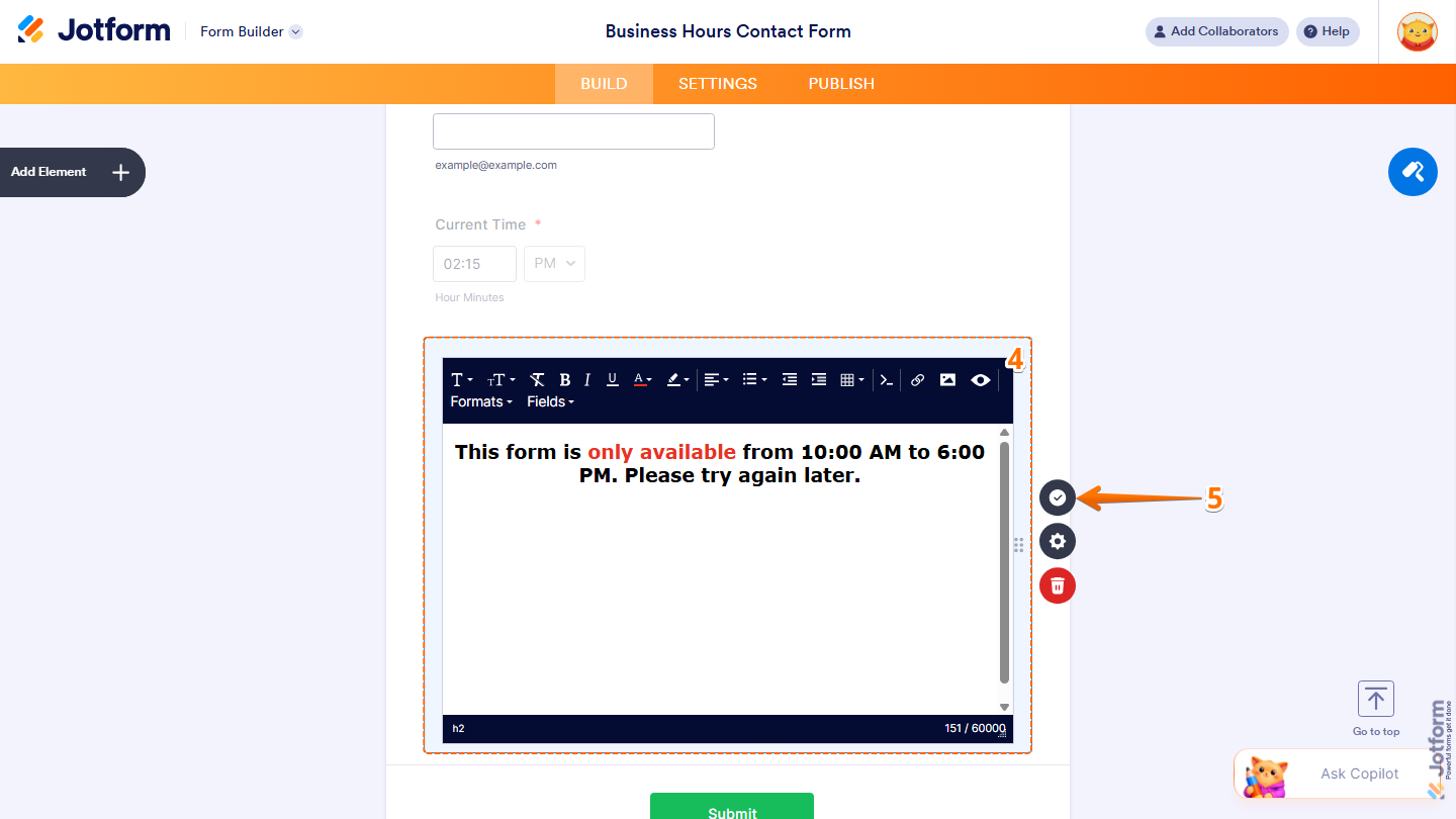 Paragraph Editor showing message input and Encircled Checkmark save icon in Jotform