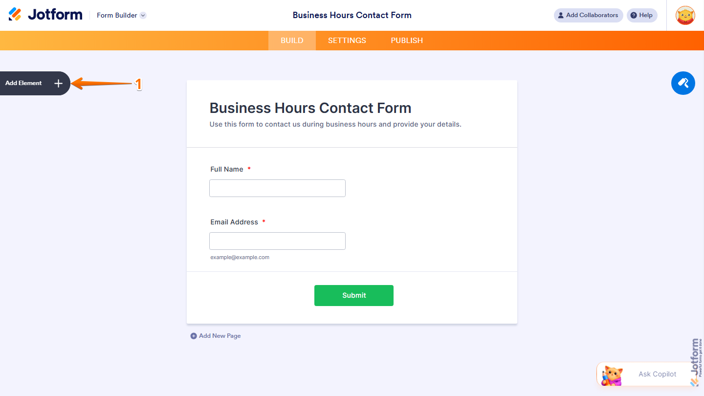 Form Builder showing Add Element button on the left side in Jotform
