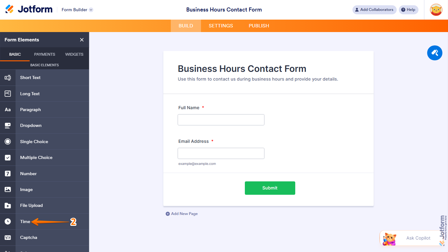 Form Elements Basic tab showing Time field selection in Jotform