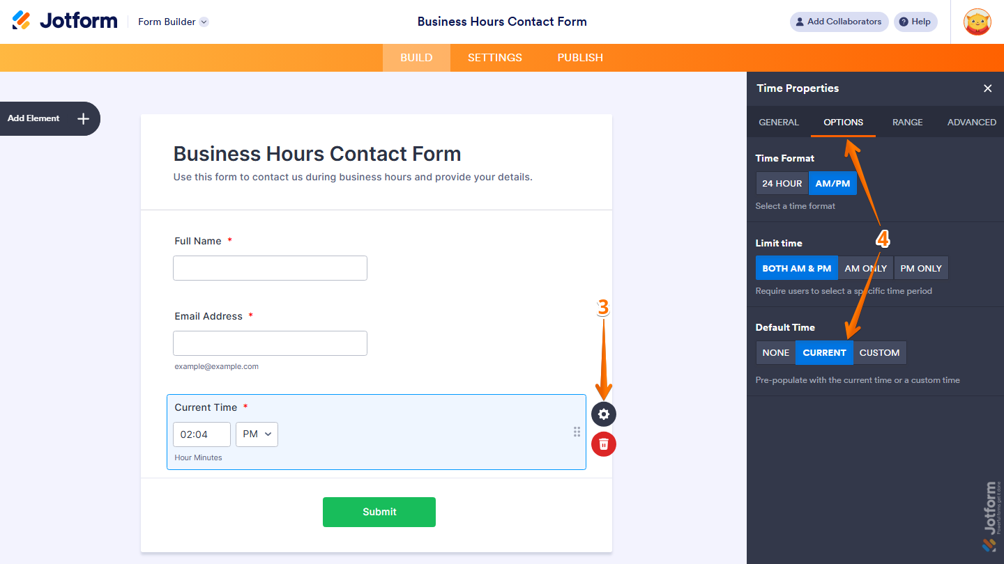 Time field Properties panel Options tab showing Default Time set to Current in Jotform