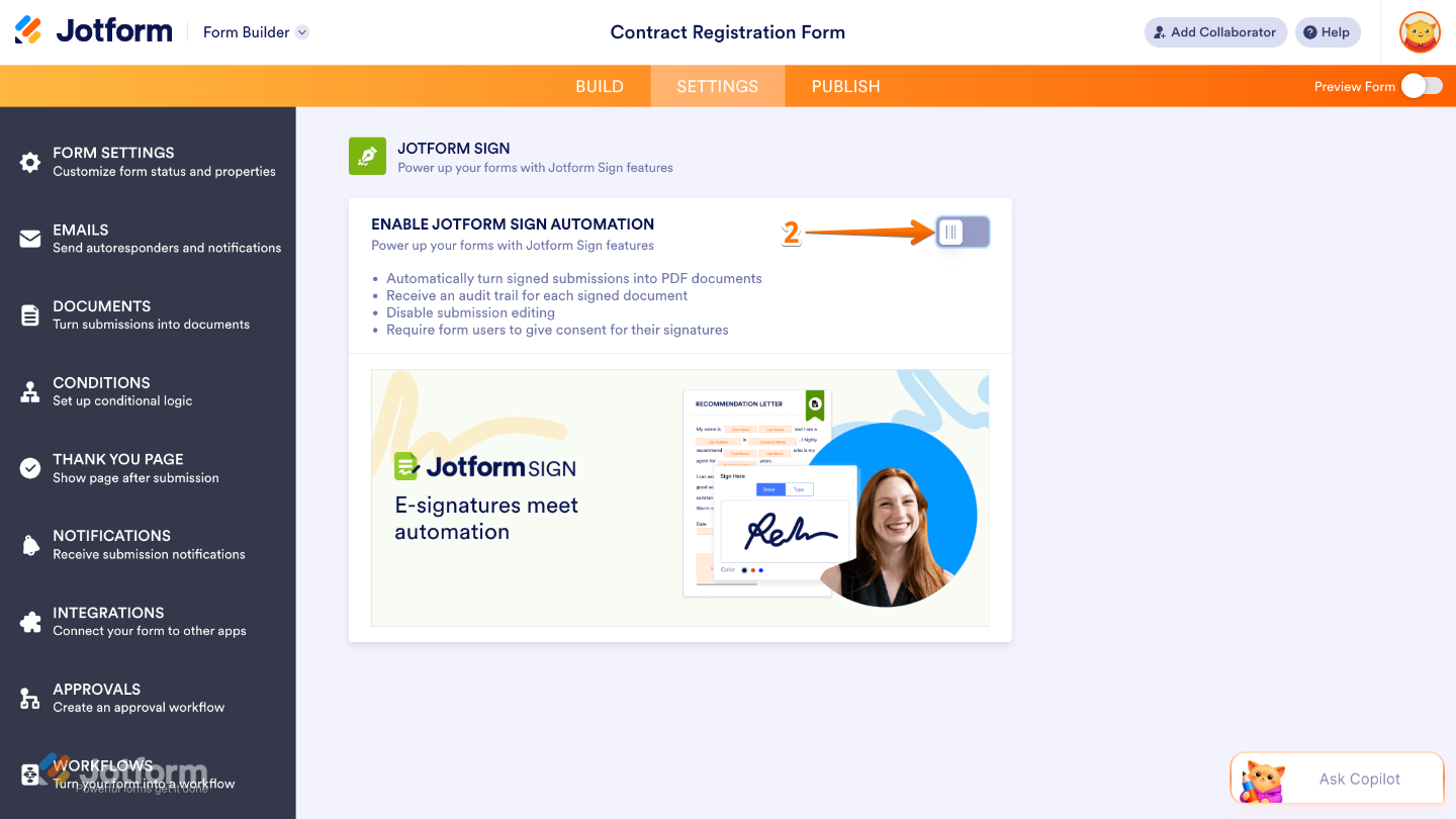 Signature settings panel showing the Enable Jotform Sign Automation option turned on