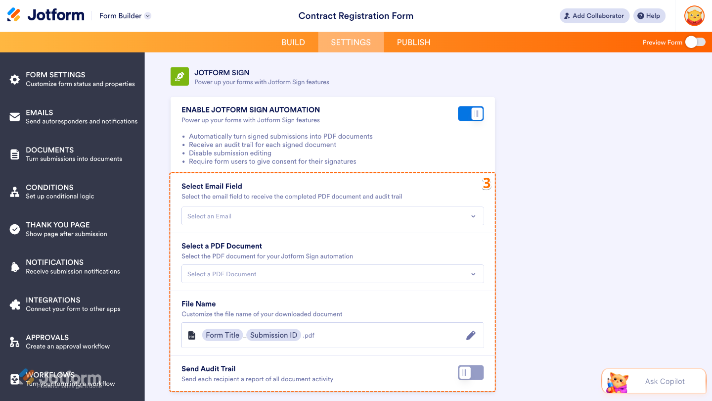 Sign settings panel showing options for selecting an email field, uploading a PDF document, customizing file name, and enabling audit trail