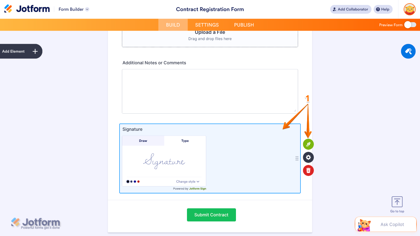 Click the Signature Pen icon to enable Jotform Sign in your form