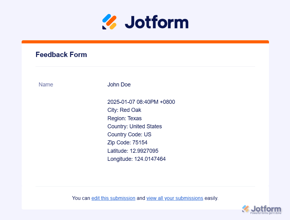Now, every time someone submits your form and allows location access, the information you get will look like this in your Email Notification: