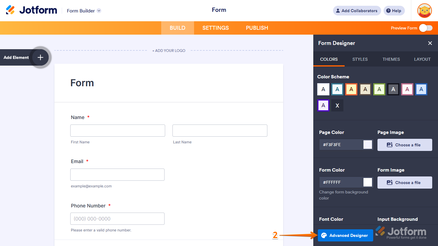 Advanced Designer tab opened in Form Designer to further customize the error state in Jotform
