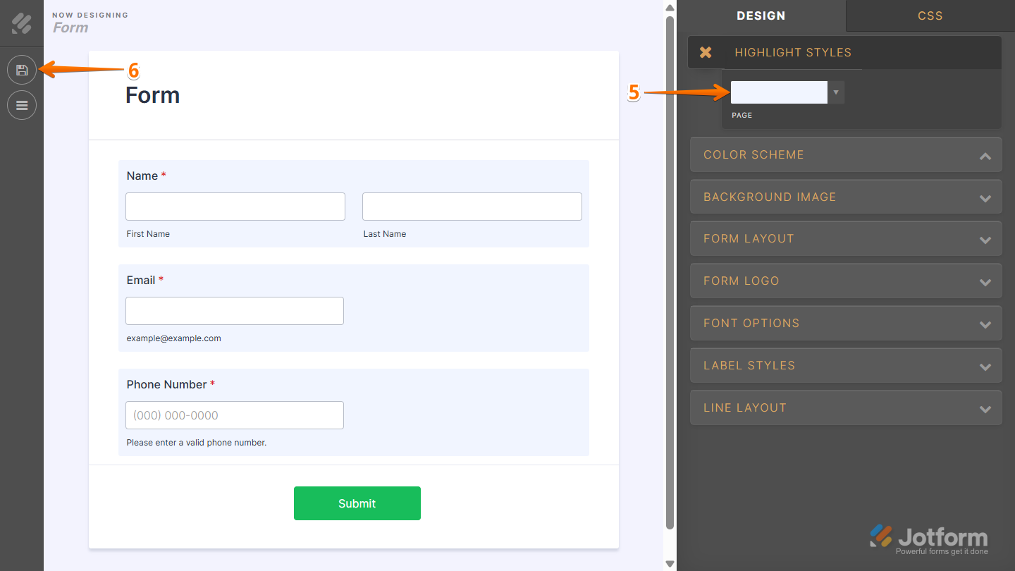 Setting highlight color for form fields in Jotform Advanced Designer and saving changes with the Disc icon