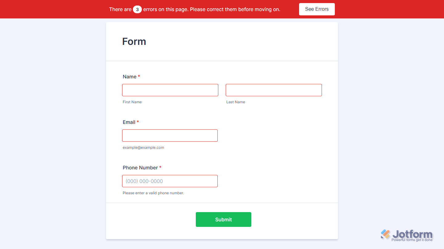 Form showing removed error messages with a subtle red border highlighting required fields in Jotform