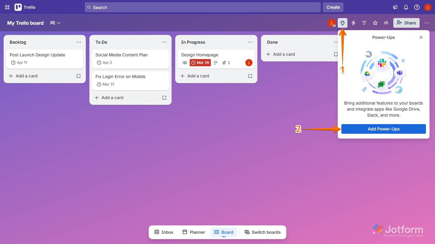 Trello board showing Plug icon and Add Power-Ups option in Power-Ups window