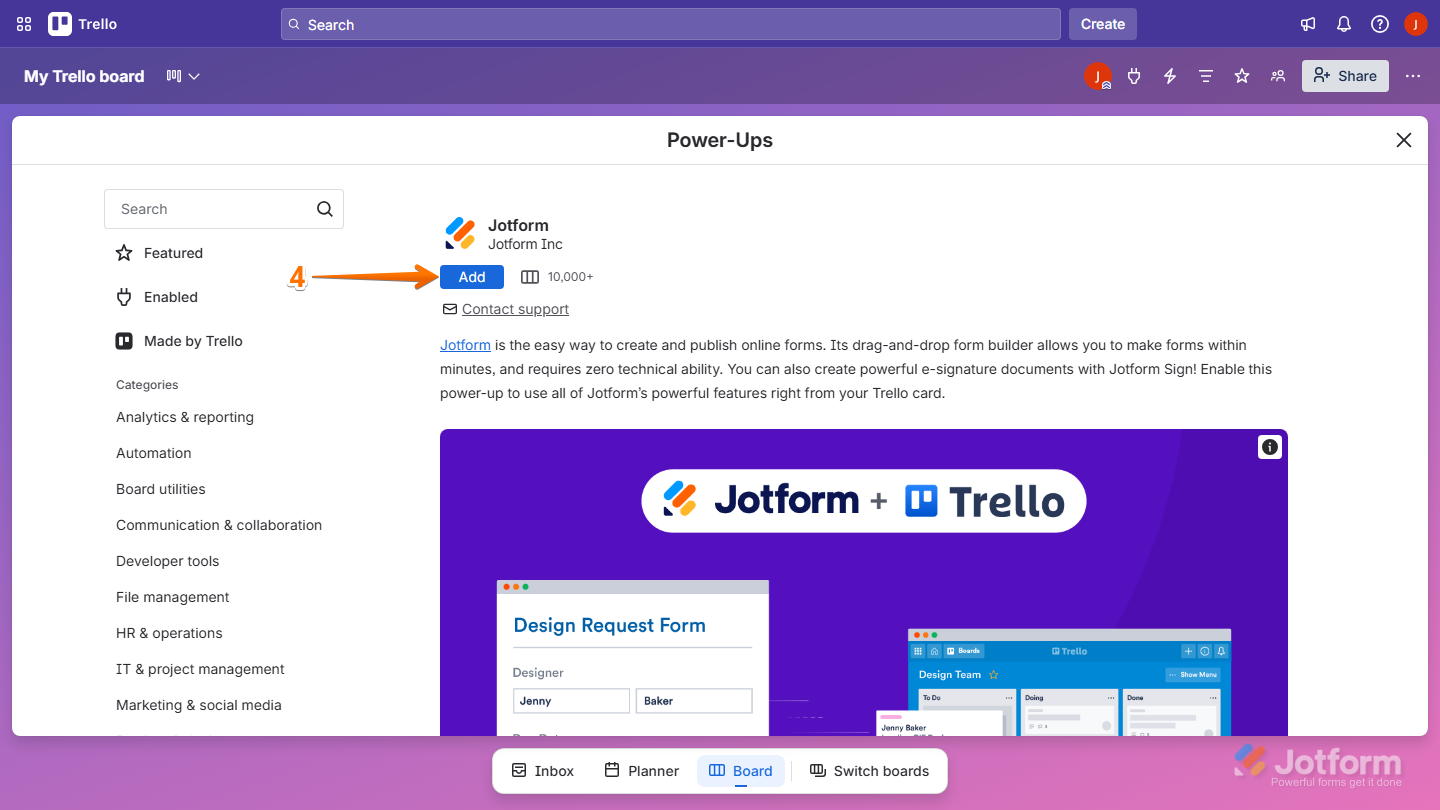 Jotform Power-Ups page showing Add button to enable integration in Trello