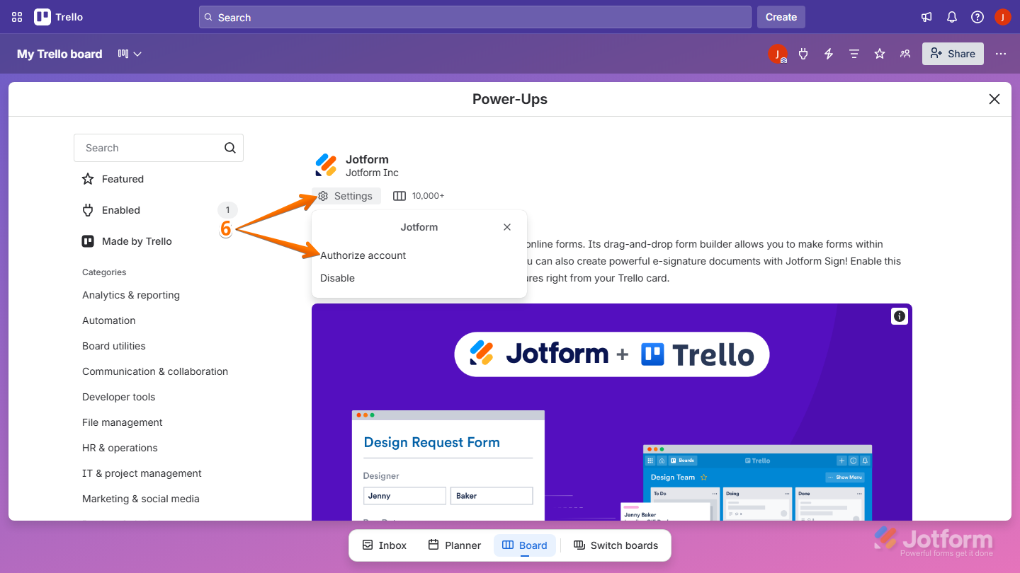 Power-Ups settings menu showing Authorize account option in Trello