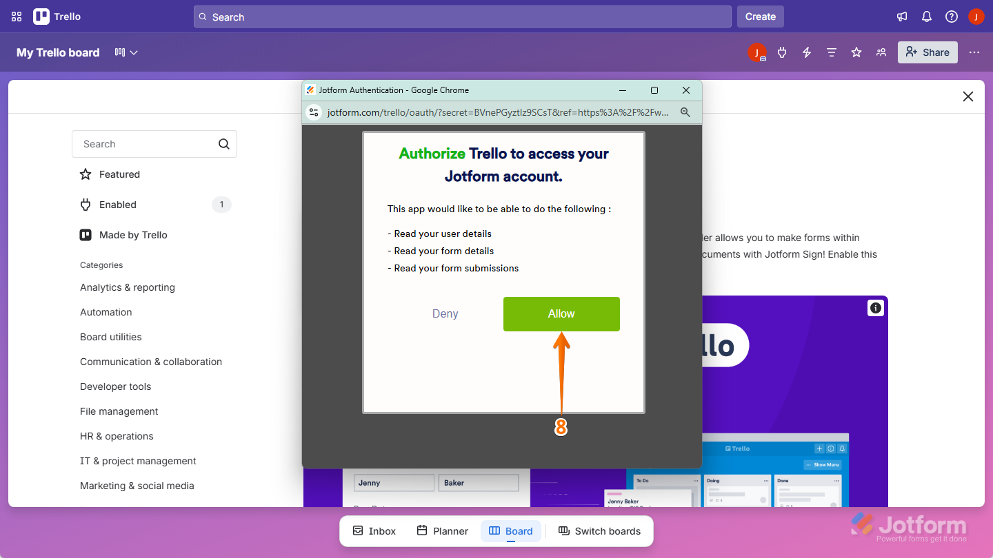 Authorization window showing Allow button to complete Jotform connection in Trello