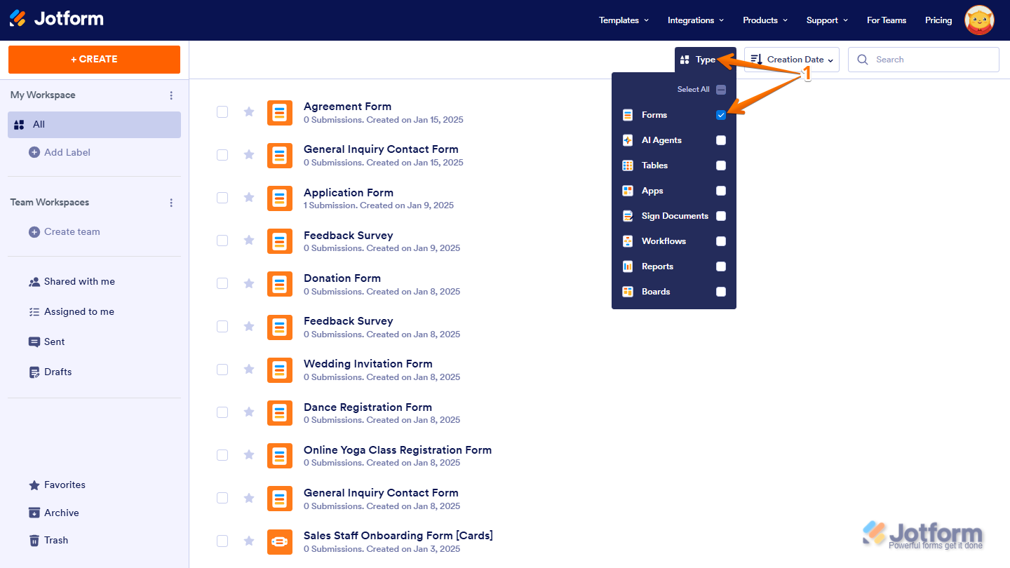 Showing Type dropdown menu with only Forms selected in My Workspace page in Jotform