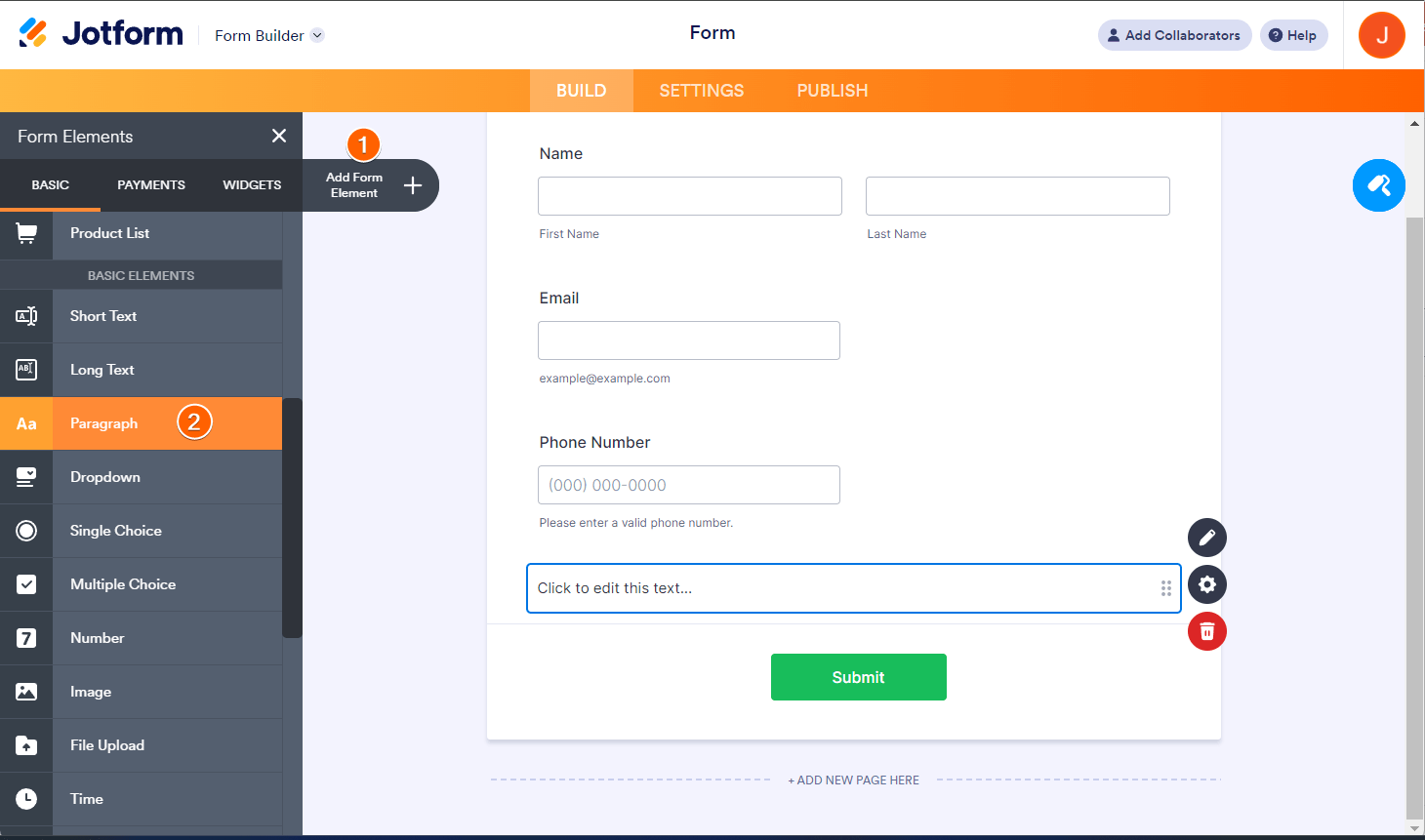 Paragraph element in Jotform Form Builder