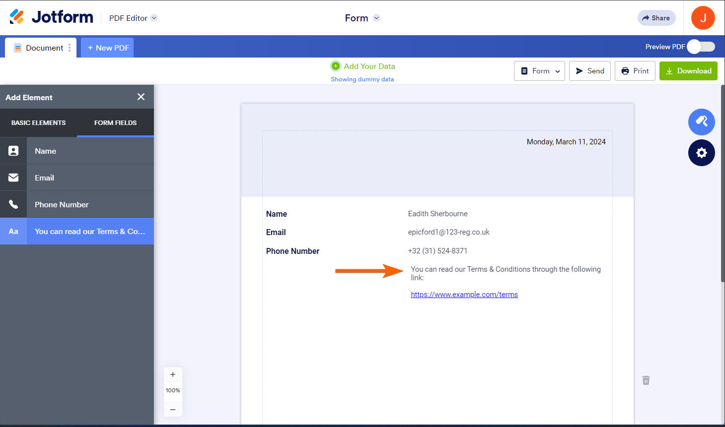 Adding the Paragraph element in the Jotform PDF editor