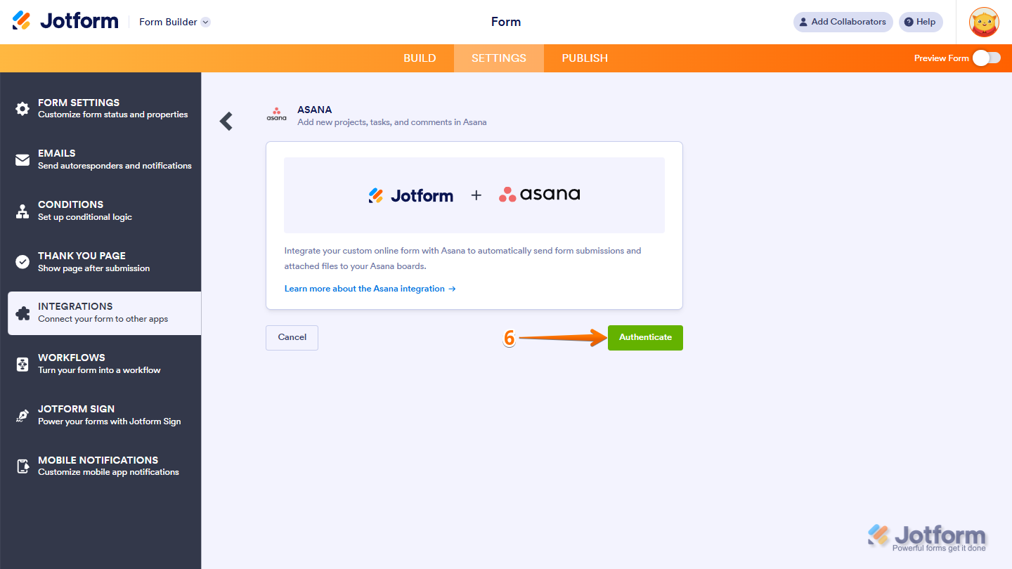 Clicking Authenticate to log in to an Asana account during the Jotform Asana integration setup