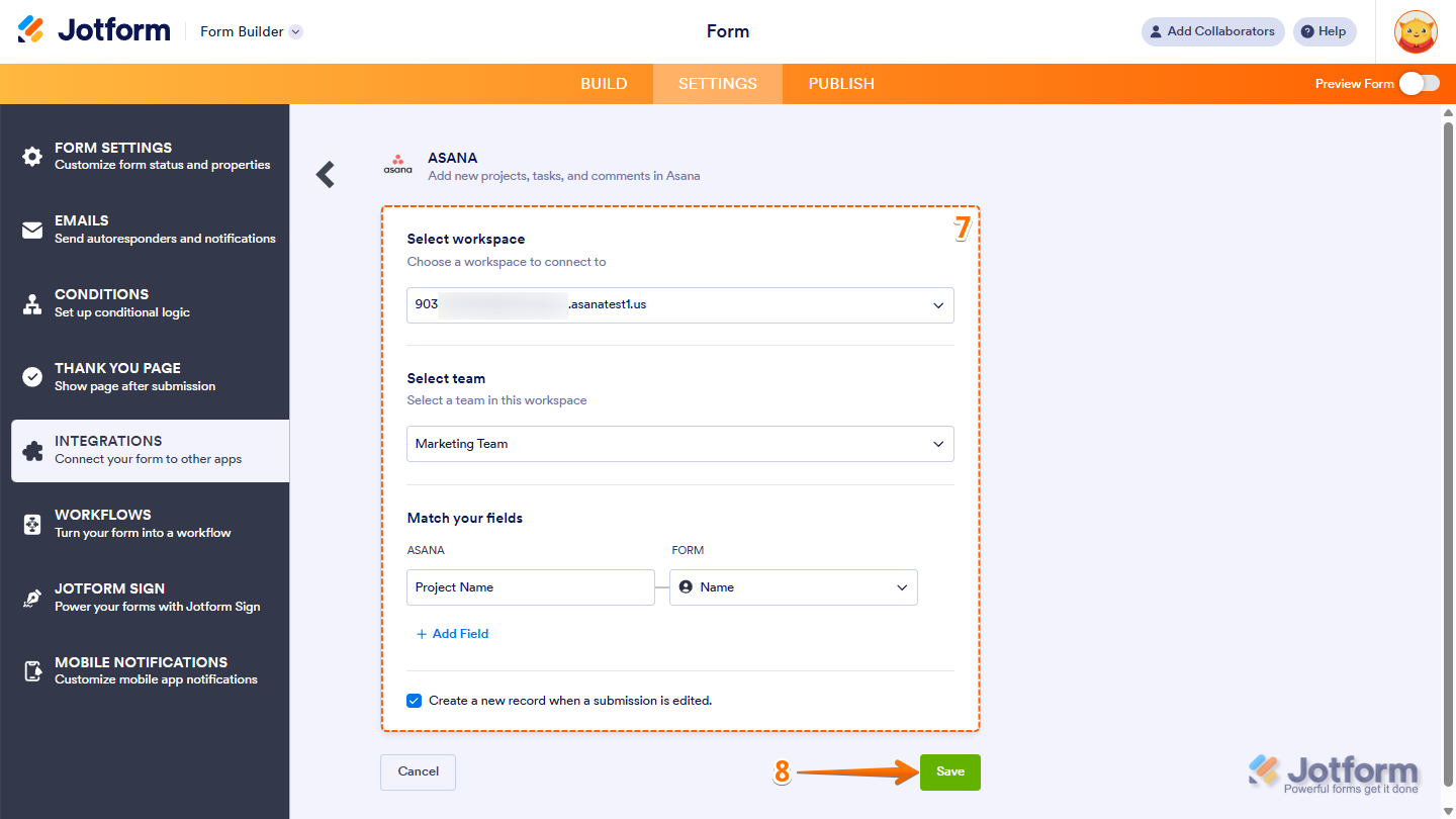 Configuring Asana integration in Jotform by selecting workspace, team, project, and mapping form fields to Asana task fields and save button.
