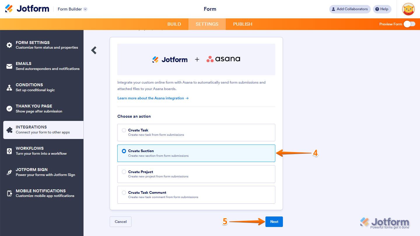 Selecting the Create Section action and clicking Next in the Asana integration setup in Jotform.
