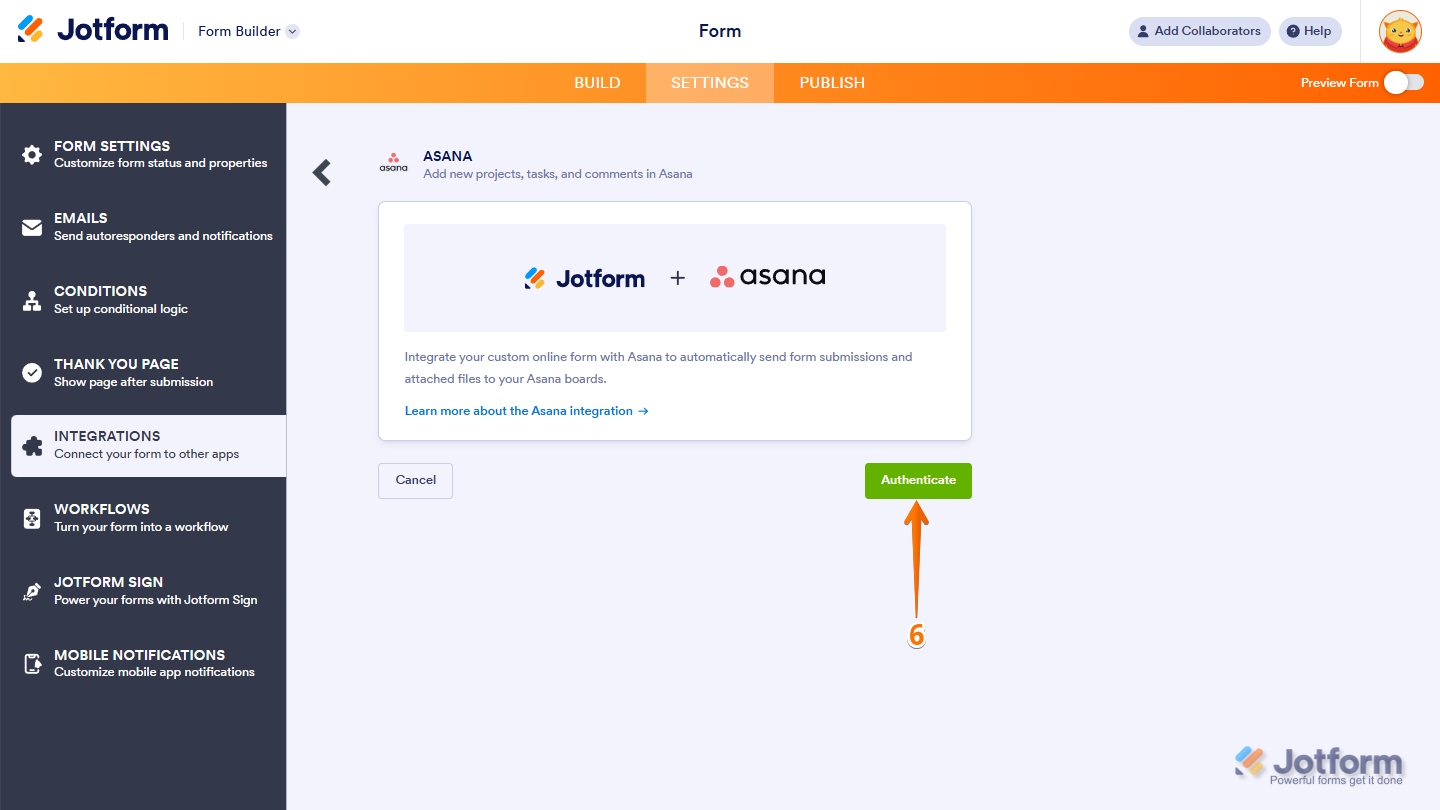 Clicking Authenticate to log in to an Asana account during the Jotform Asana integration setup.
