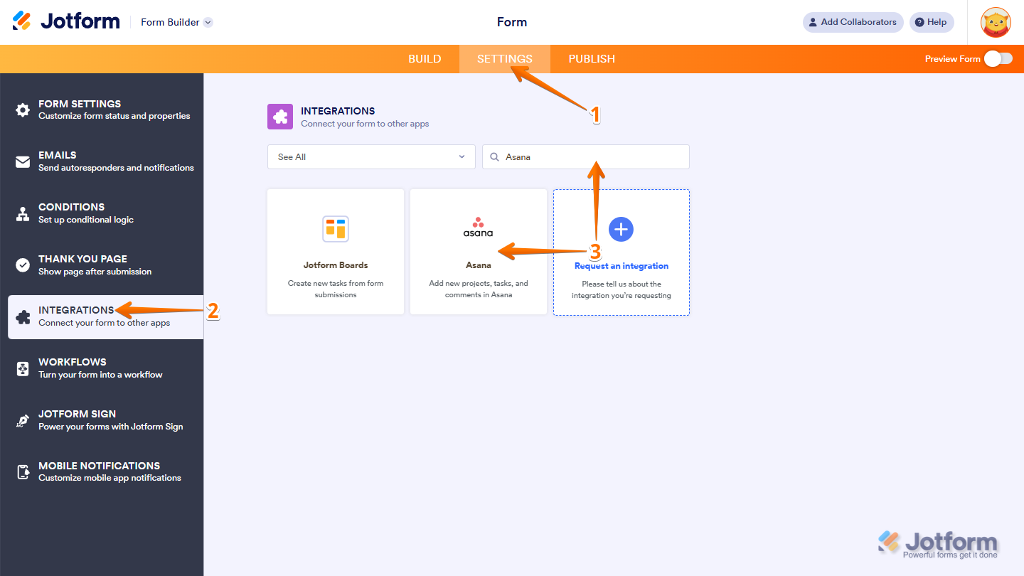 Opening the Asana integration from the Integrations tab in Form Builder settings in Jotform