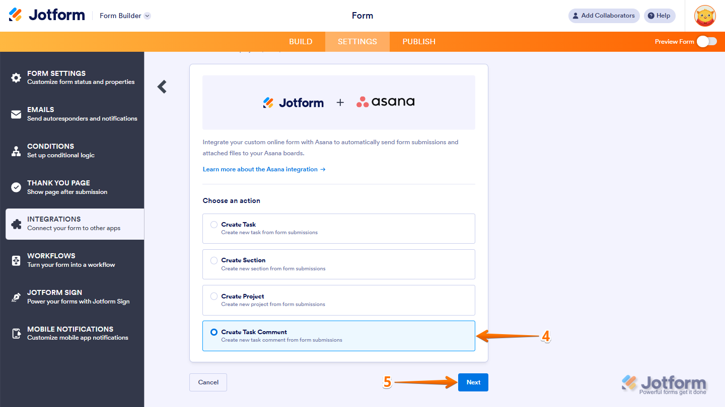 Selecting the Create Task Comment and clicking Next in the Asana integration setup in Jotform