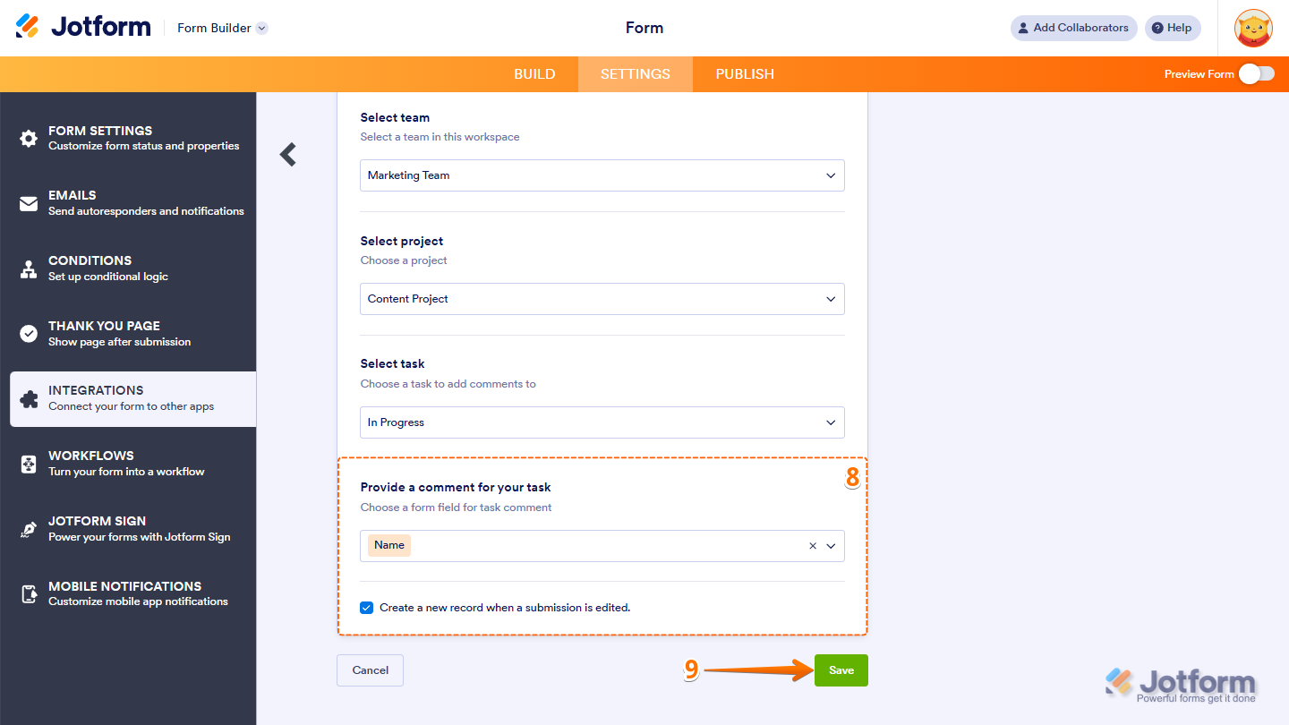 Finalizing Asana integration in Jotform by configuring provide a comment for your task, create a new record when submission is edited and saving the settings