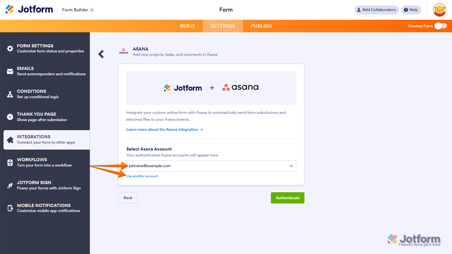 Selecting an existing Asana account from the dropdown or choosing Use another account during the Jotform–Asana integration in Jotform