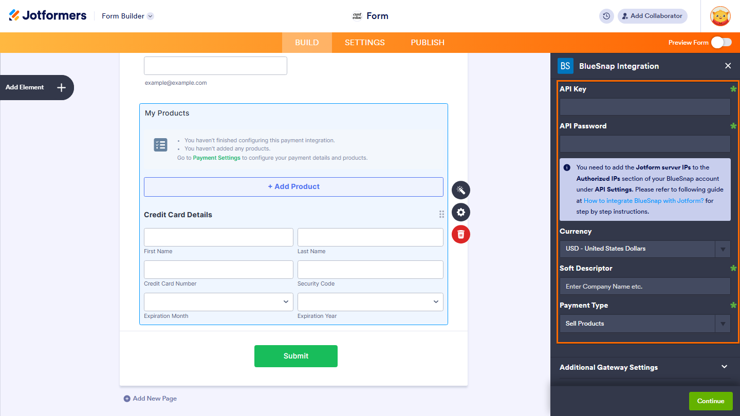 Payment Settings panel showing API Key Password Currency Soft Descriptor and Payment Type options in Jotform