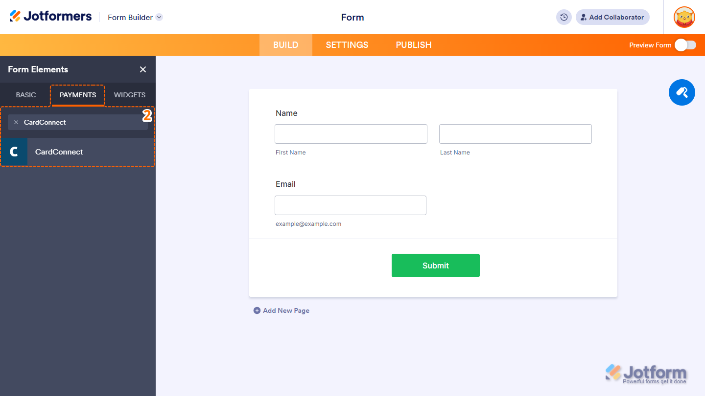 CardConnect option in the Payments tab of the Jotform Form Builder
