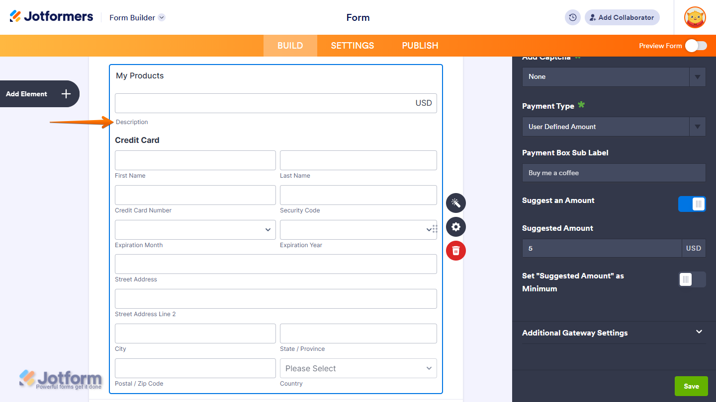 Description section of the User Defined Amount and Collect Donations options