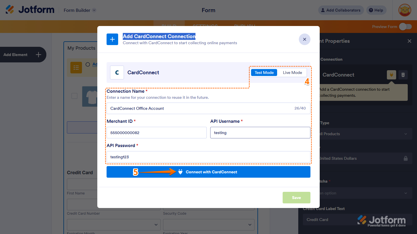 Add CardConnect Connection window