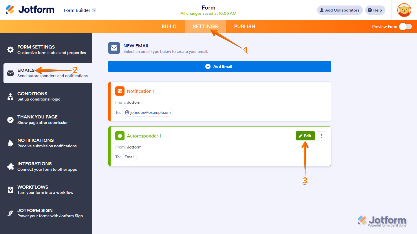 Edit icon of the Autoresponder Email template in the Emails section of the Jotform Form Builder