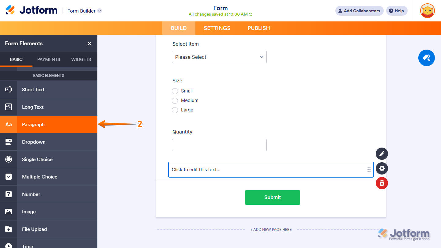 Paragraph element in the Basic Elements section of the Jotform Form Builder