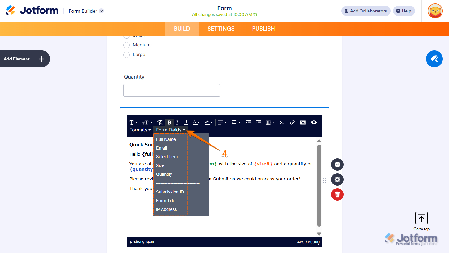 Form Fields dropdown menu in the editor section of the Paragraph element