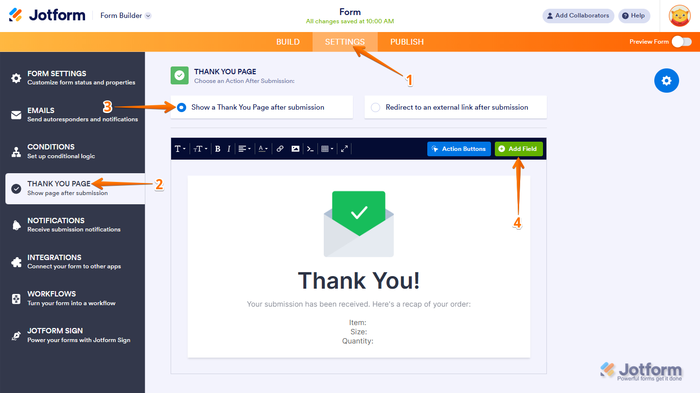 Add Field button in the Thank You page settings of a form in Jotform Form Builder