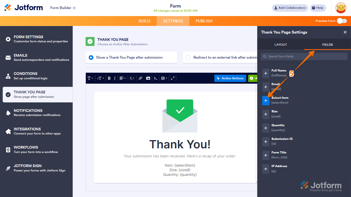 Add field button in the Fields tab of the Thank You Page Settings