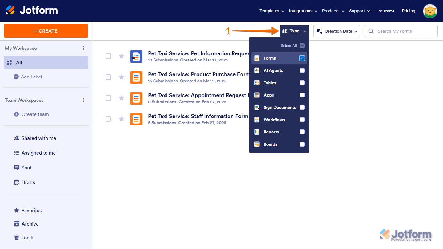 Forms option checked in the Type dropdown menu on the Jotform My Workspace page
