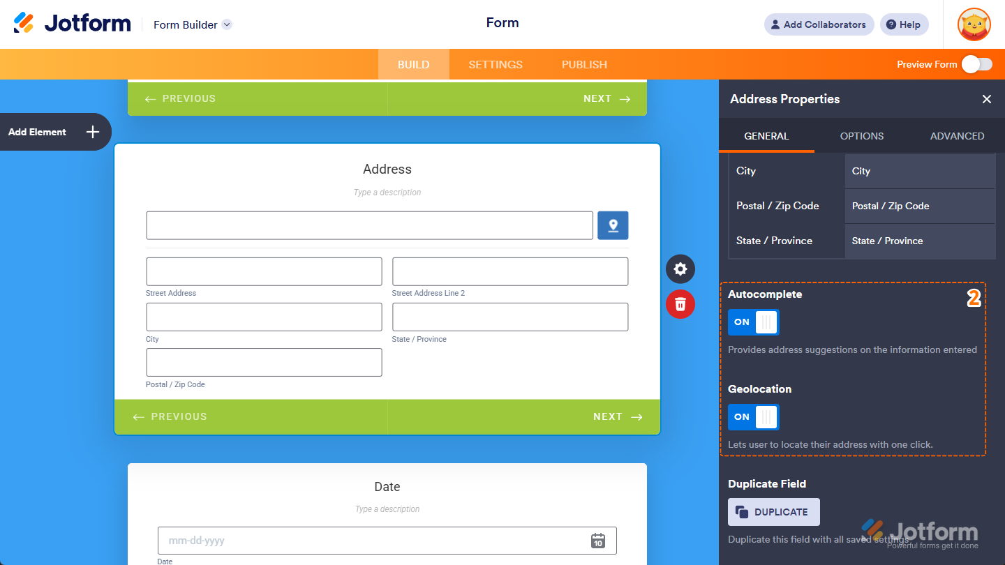 Autocomplete and Geolocation toggles in the Address Properties window