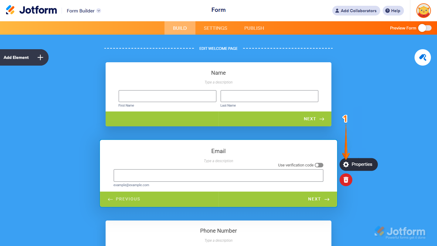Properties icon in the Email element of the Card Form layout