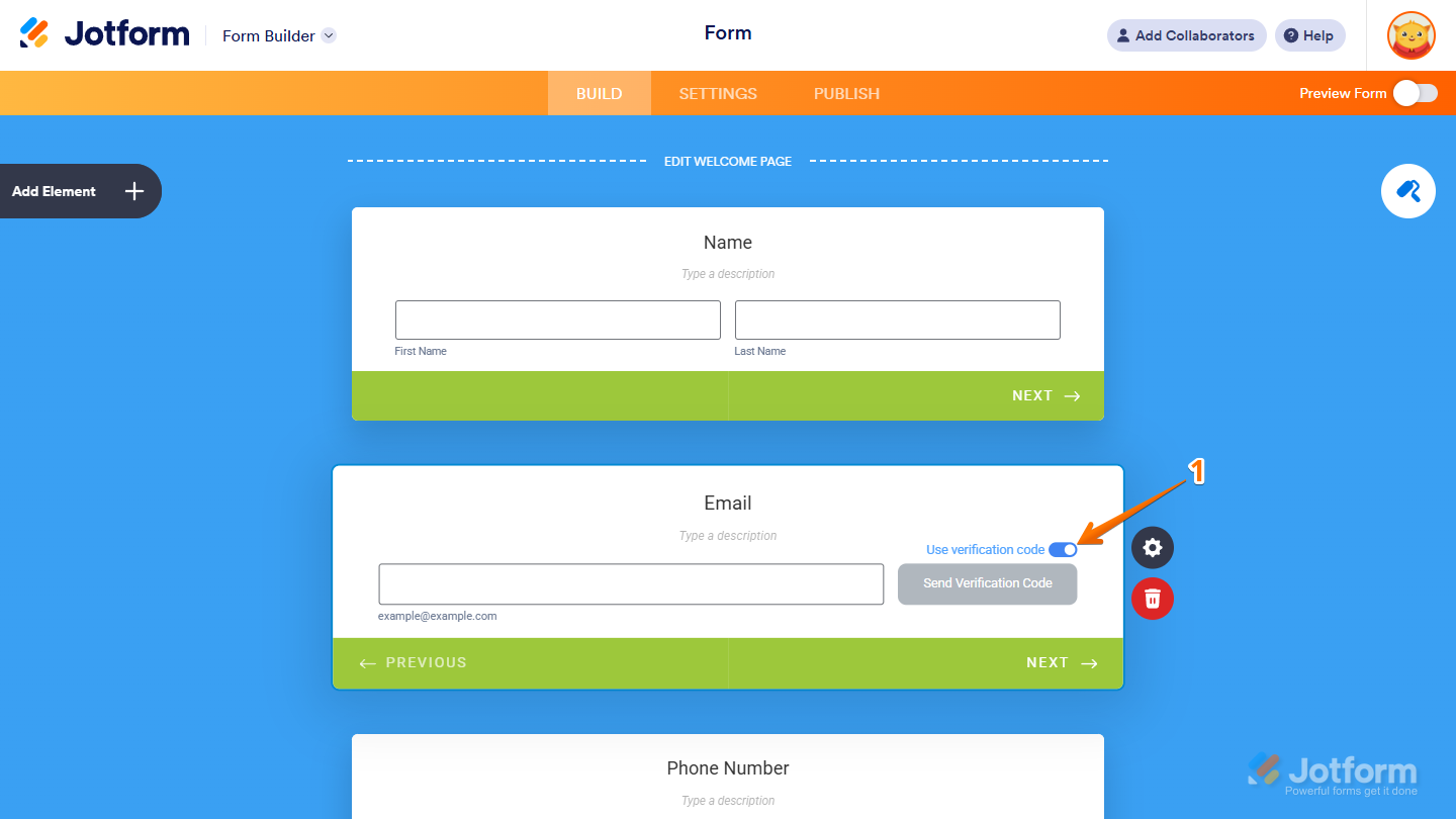 Use Verification Code toggle in the Email field of the Card Form Layout