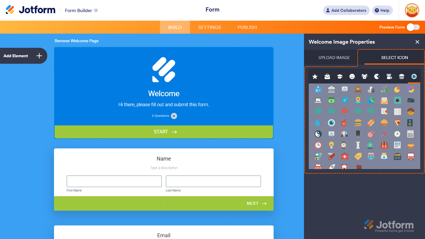 Select icon in the Welcome Image Properties of the Card Form Layout of the Jotform Form Builder