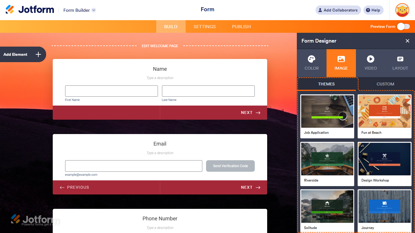 Image and Video Background options in the Card Form Layout