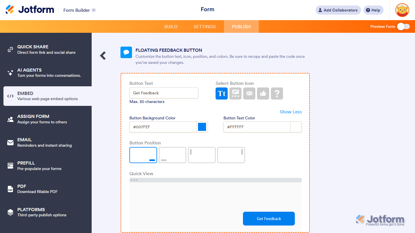 Floating Feedback button configuration in the Card Form layout