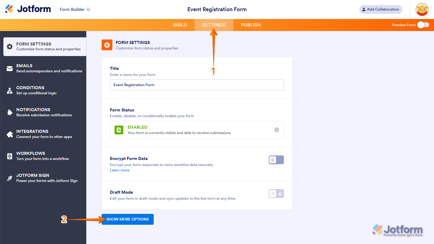 Form Builder Settings showing Form Settings page with Show More Options button in Jotform