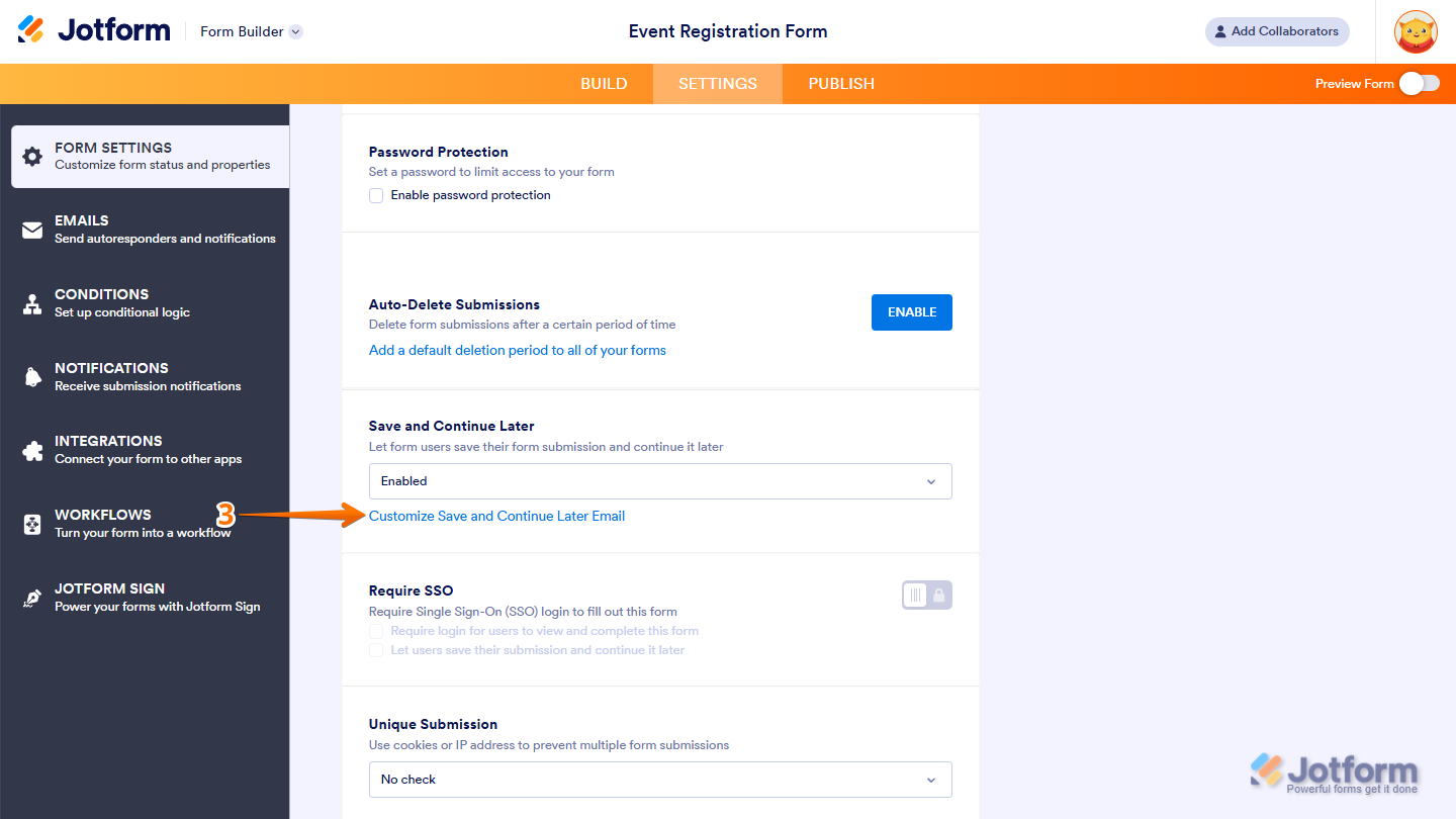 Save and Continue Later settings showing Customize Save and Continue Later Email button in Jotform