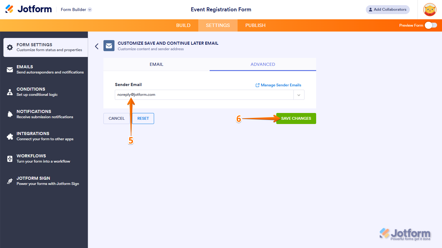 Save and Continue Later Advanced email settings showing Sender Email options and Save Changes button in Jotform