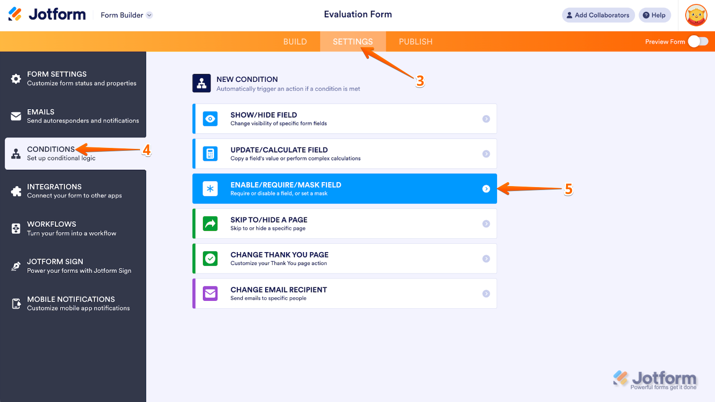 Clicking on the Settings tab, then the Enable/Require/Mash Field option under the Conditions tab