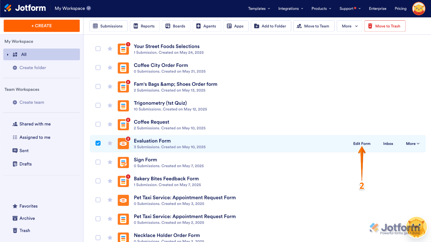 Workspace page showing a user hovering over a form and clicking the Edit Form button on the right