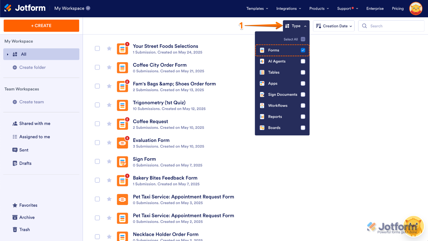 Workspace page showing the Type dropdown menu with all asset boxes unchecked except Forms, displaying only forms on the page